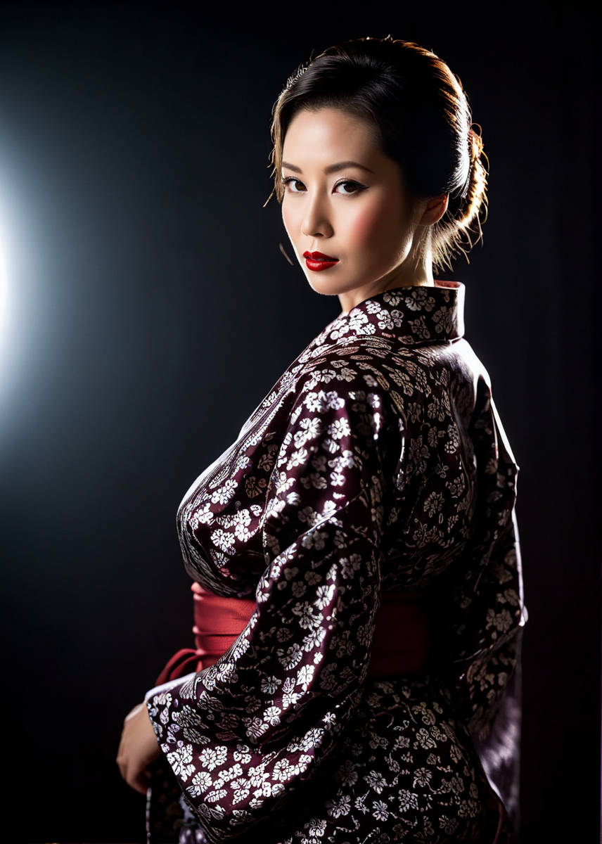 Film noir style, A captivating masterpiece of an woman, full body, dressed in Yukata, The use of high-shine gloss adds a touch of glamour while the deep red and black hues give it a dramatic vibe, studio lighting, look to the camera, background blurred,  <lora:MS_Aika_Yumeno_V2_SDXL:0.8>, Monochrome, high contrast, dramatic shadows, 1940s style, mysterious, cinematic
