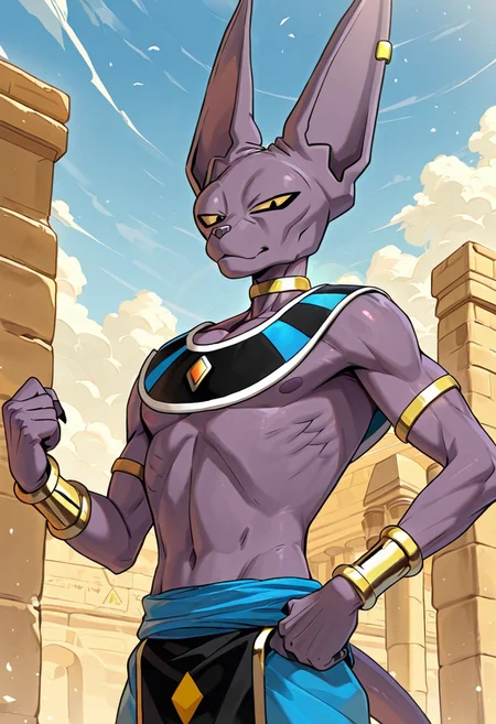 best quality, newest, absurdres, highres, 1boy,solo,Anthro,Beerus,yellow scera,black pupil,purple skin,animal ears,jewelry,egyptian clothes,upperbody,outdoors