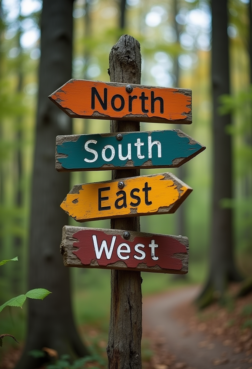 a sign post in the woods with four different sign panels reading "North" "South" "East" West"