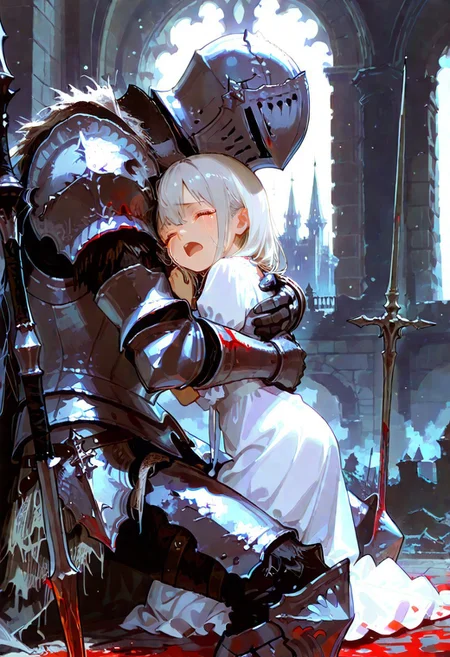 masterpiece, best quality, amazing quality, flat colors, high detailed, high quality, high resolution, 4k , male , duo, female, seize difference, kneeling, side view, knight, dark souls elite knight armor, white dress, a knight gives his girl a hug, crying , in castle, beautiful castle, portrait , close-up, child, very emotional scene, Body of the knight pierced by a spear, , blood on armor, eyes closed, open mouth, tears