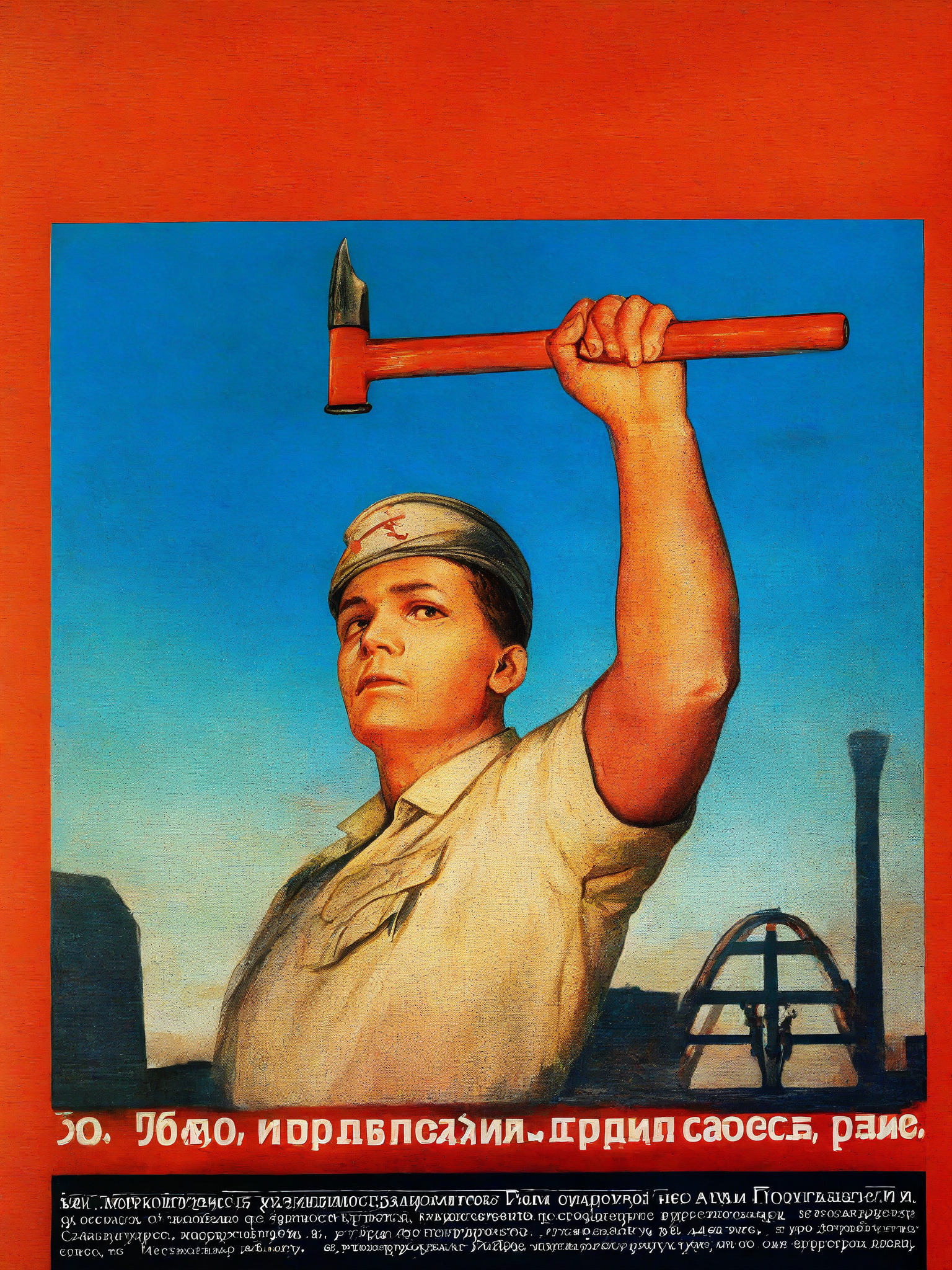 world war ii, hammer and sickle,
factory, blue sky, 
solo, 1boy, tall, worker, shirt, arm up, holding hammer, 
looking at viewer, 
s-o,  realistic, soviet poster, russian text, 
 <lora:Sovposter-NOOB-V1-E-PRED-000003:1>, 
masterpiece, best quality, amazing quality, very aesthetic, absurdres, newest,