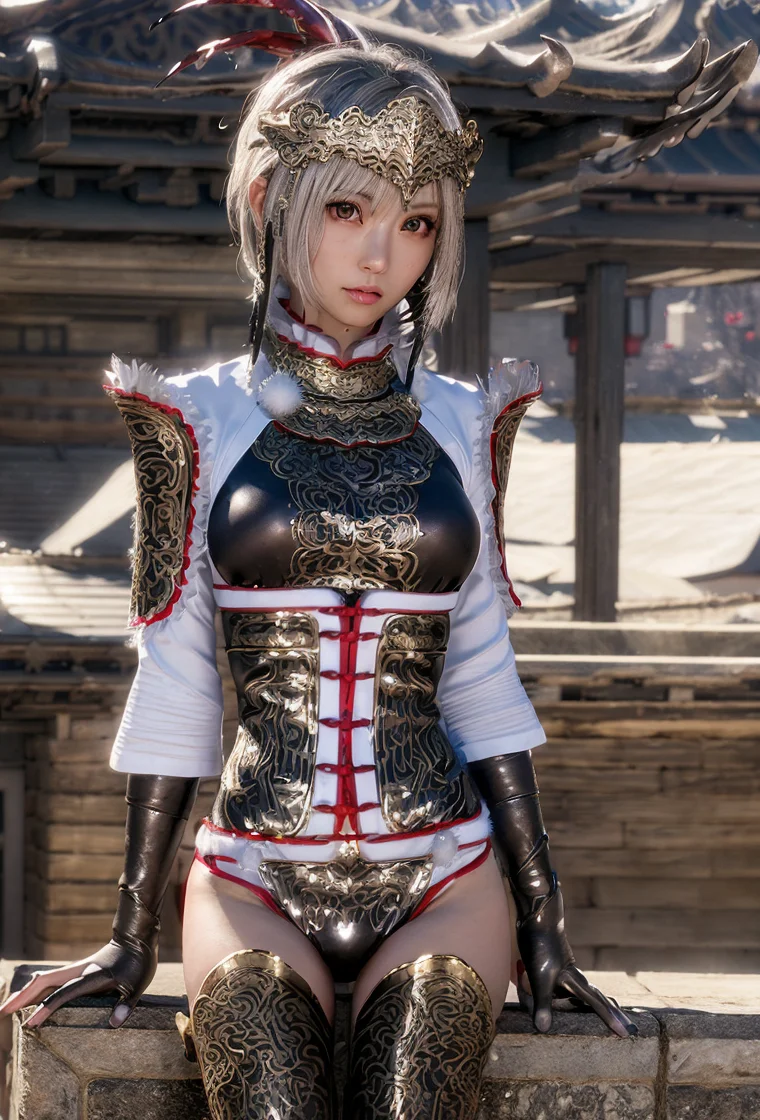 (lulingqi:0.9),realistic, 8K, (photorealistic:1.4), beautiful eyes, best quality, ultra-detailed, 1girl, photon mapping, physically-based rendering, (((looking at camera))), realistic, solo, day, glowing skin, <lora:lulingqi:1.2>, <lora:CHDoll:0.2>, (((bokeh background))), (gravure pose), silver hair, leaning at the bridge