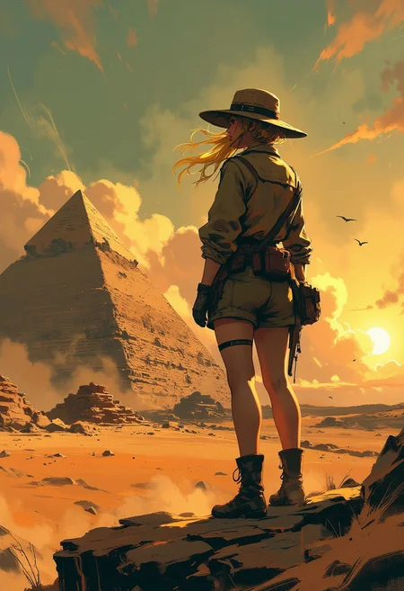 nistyle, in the style of ck-mgs, Mh1$AgThS2, intricate linework with expressive contrasts, soft lighting with dynamic highlights, image of a dusty desert with a 1930s female explorer, blonde hair, safari hat and jacket, standing looking up at an Egyptian pyramid, silhouetted at sunset, sparse clouds