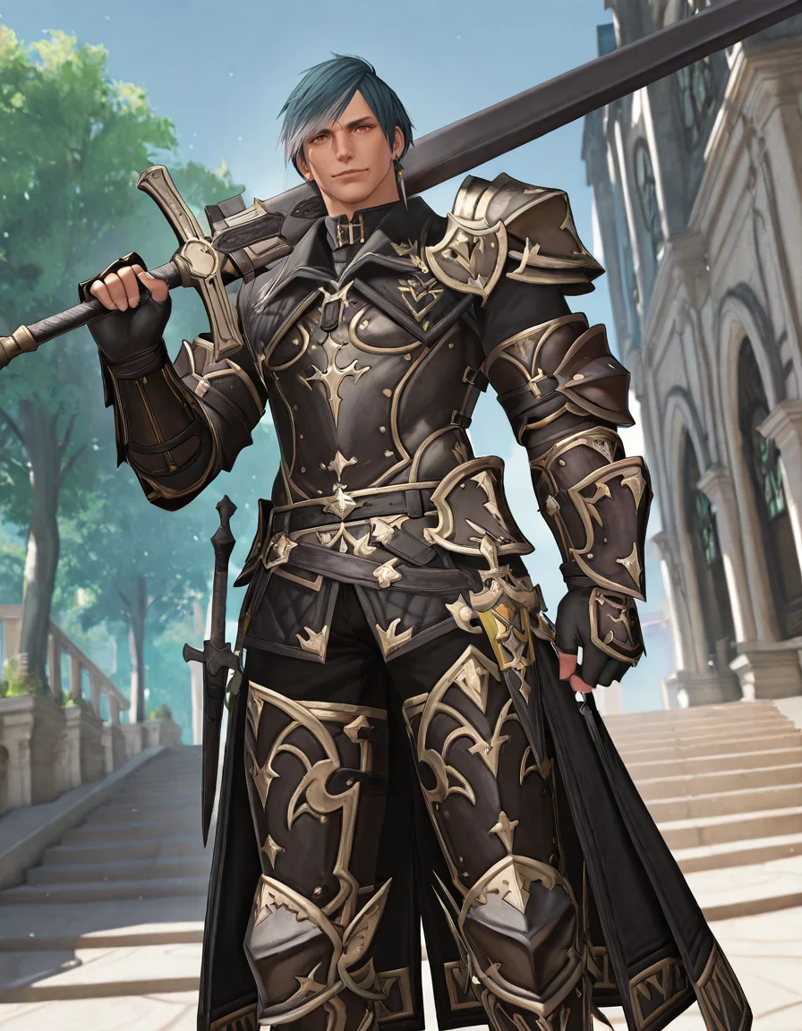 masterpiece, best quality, newest, perfect quality, intricate details, detailed background, male focus, realistic, solo, <lora:FFXIV - Granson Ketchthane - Illustrious-000004:0.8> granson_ffxiv, 1boy, hyur, red eyes, nose scar, teal hair, multicolored hair, single earring, single pauldron, coat, gauntlets, fingerless gloves, pants, armored boots, looking at viewer, outdoors, trees, kingdom, greatsword over shoulder