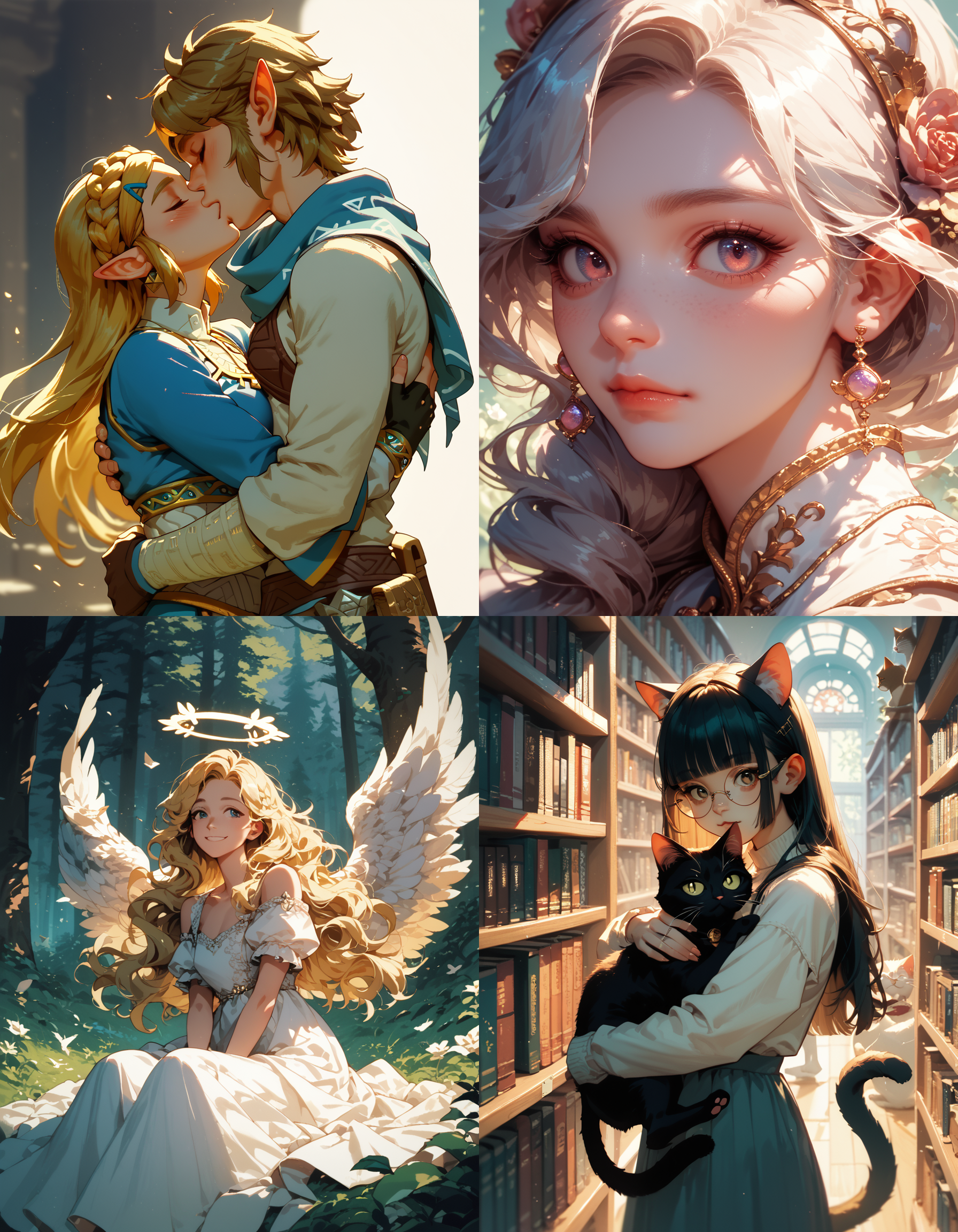 https://civitai.com/articles/5300 ___ All images: score_9, score_8_up, score_7_up ___ 1st image: 1girl, 1boy, Princess_Zelda, \(The_Legend_of_Zelda:_Breath_of_the_Wild\), standing, kiss, hug, closed_eyes ___ 2nd image: 1girl, lovely face, portrait, close-up, looking_at_viewer, closed_mouth ___ 3rd image: 1girl, solo, blonde_hair, wavy_hair, angel, angel_wings, halo, smile, sitting, forest, white_dress ___ 4th Image: 1girl, solo, long_hair, black_hair, blunt_bangs, straight_hair, round_eyewear, cat_girl, cat_ears, cat_tail, standing, hug cat, looking_at_viewer, library