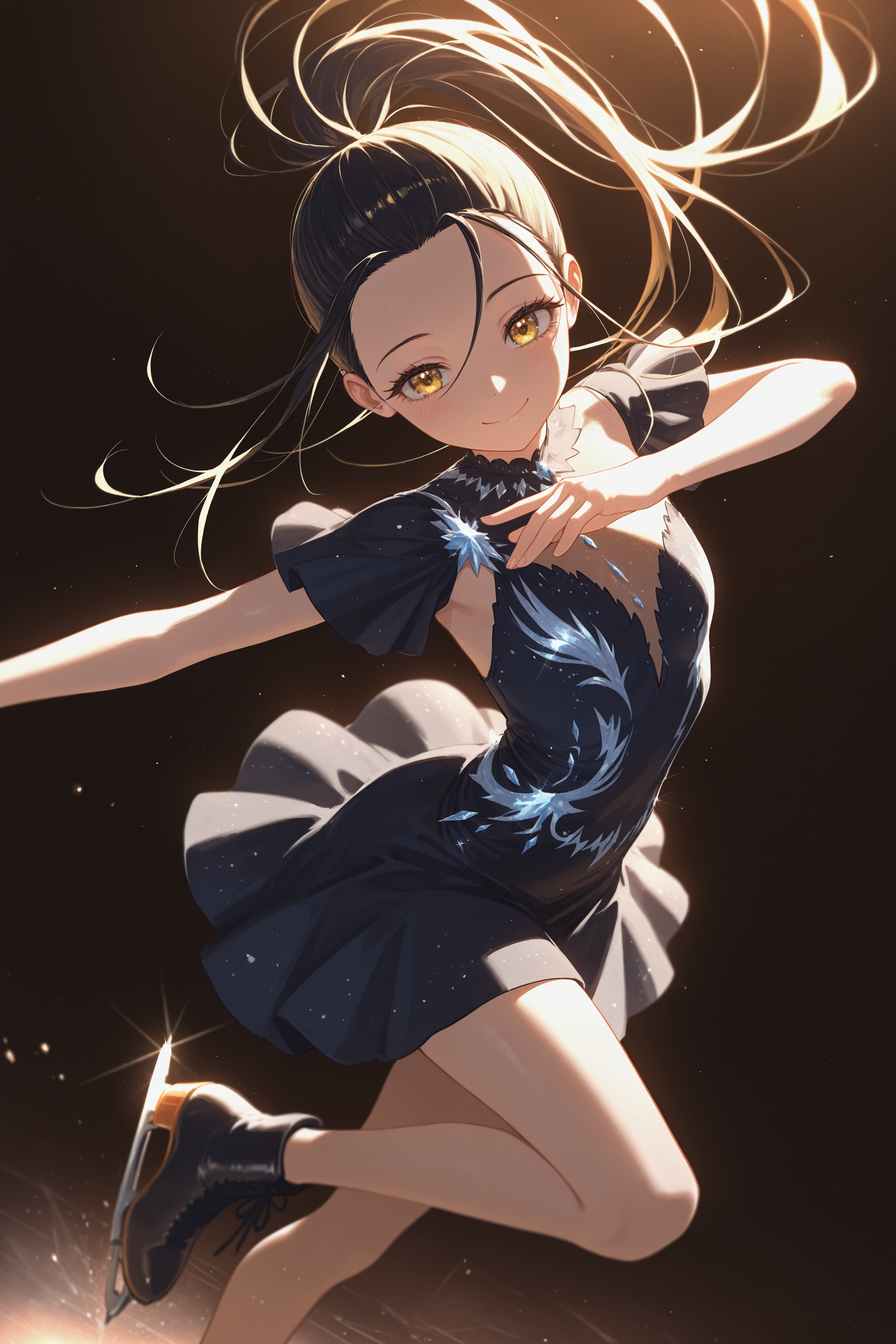 masterpiece, best quality, absurdres, safe
1girl, kamisaki hikaru, floating hair, ice skates, spread arms, [hand on own chest::0.2], leg up, smile, closed mouth, black dress
dark background, backlighting
<lora:ice_skates_il_1_d16:1>