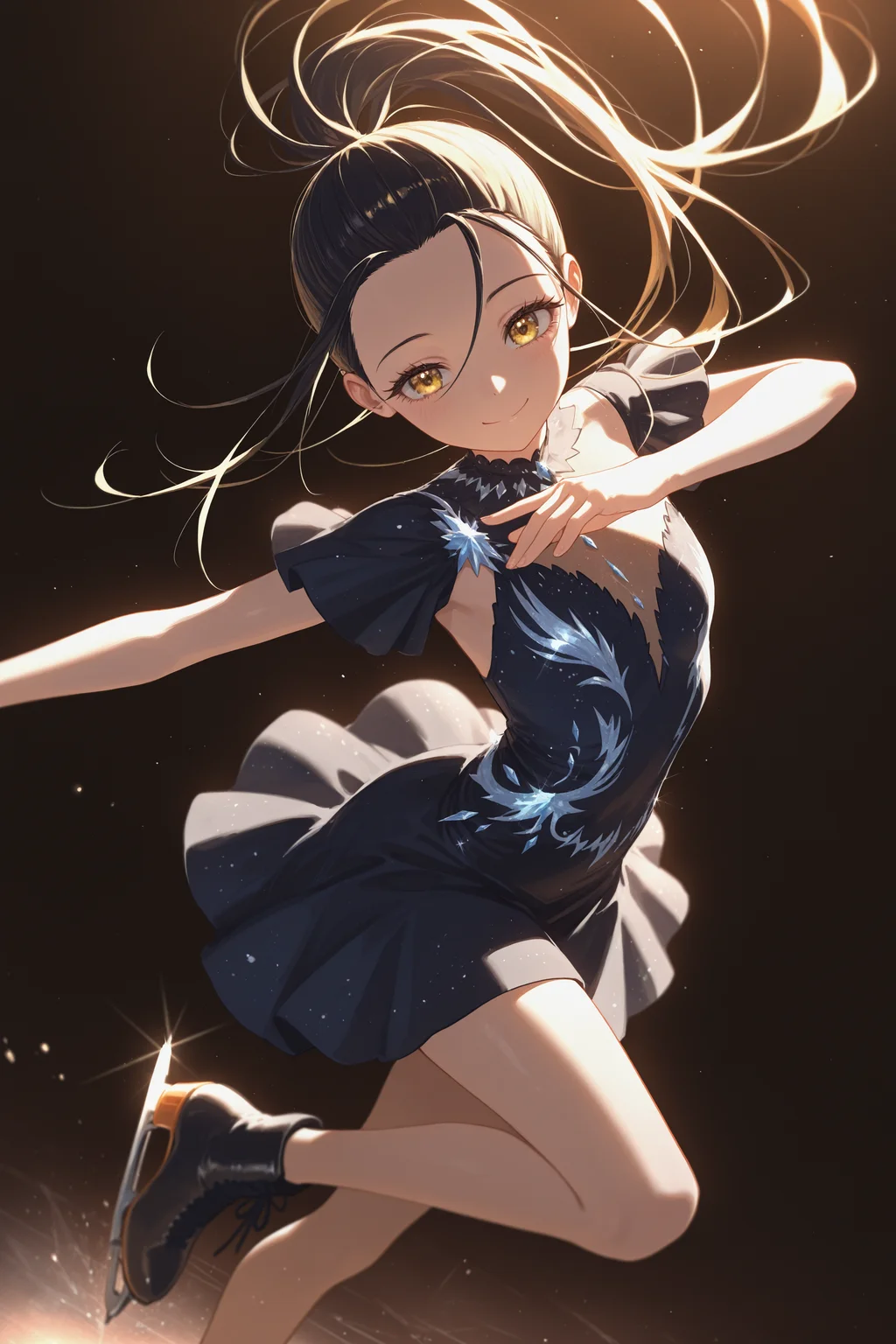 masterpiece, best quality, absurdres, safe
1girl, kamisaki hikaru, floating hair, ice skates, spread arms, [hand on own chest::0.2], leg up, smile, closed mouth, black dress
dark background, backlighting
<lora:ice_skates_il_1_d16:1>