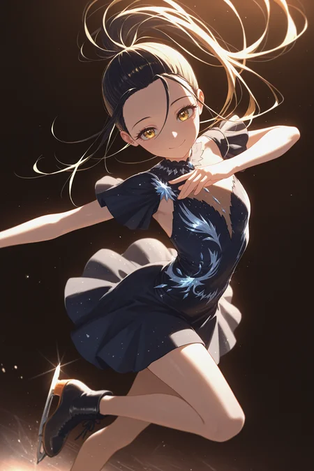 masterpiece, best quality, absurdres, safe
1girl, kamisaki hikaru, floating hair, ice skates, spread arms, [hand on own chest::0.2], leg up, smile, closed mouth, black dress
dark background, backlighting
<lora:ice_skates_il_1_d16:1>