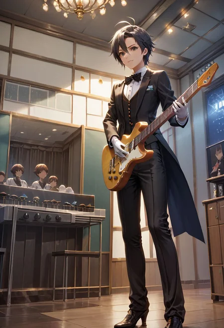 score_9,score_8_up,score_7_up,score_6_up,source_anime, <lora:Worldly_XL:1> (interior, skylight, rooflight:1.8), (concert background, microphone stand: 1.3), ((((playing guitar:2))))
1girl, solo, full figure, standing, dynamic pose, singing, dancing, <lora:KikuchiMakoto_pony_v1:0.9> kikuchi makoto, kkcmkt, short hair, black hair, antenna hair, hair between eyes, black eyes, flat chest, small breasts,  (long legs:1.2), (tuxedo, long trousers:2), black shoes, delicate strappy heels, white gloves <lora:StS_detail_slider_v1:1>
zPDXL, zPDXL-neg
