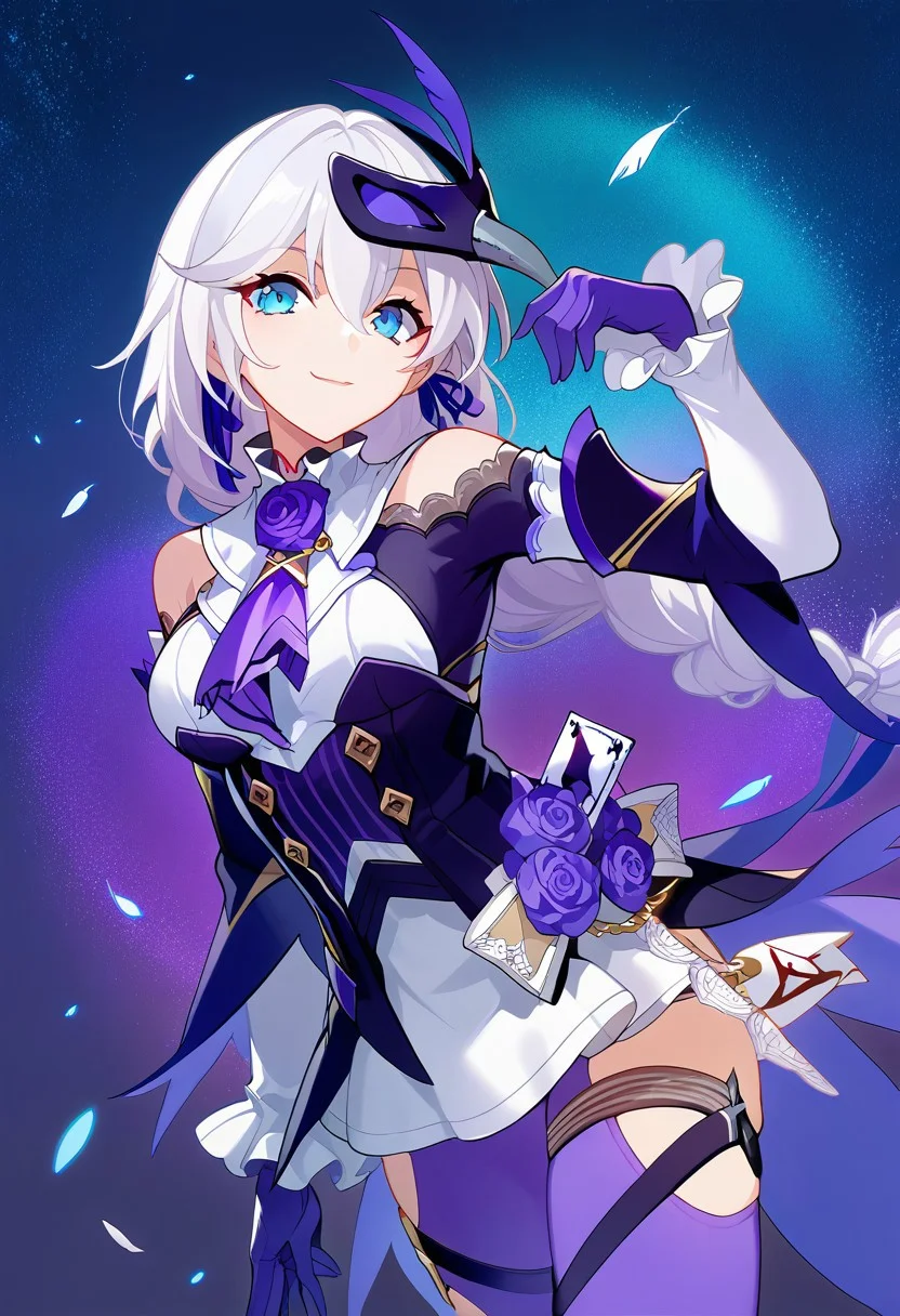 score_9, score_8_up, score_7_up, source_anime, good anatomy, vibrant colors, 1girl, solo, KallenRogueSixthSerenade, white hair, braided hair, blue eyes, hair between eyes, violet hair ribbon, violet ascot, violet roses, white collar, frilled collar, white undershirt, dark purple overshirt, golden buttons, bare shoulders, shoulder cutout, white sleeves, purple gloves, white skirt, miniskirt, purple pantyhose, thigh cutouts, cards, thigh straps, raven mask, purple feather, standing, official art, smiling, posing, contrapposto, starry sky background