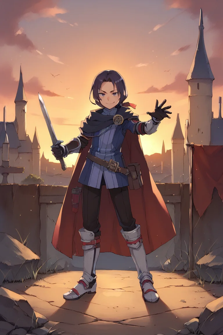score_9, score_8_up, score_7_up, score_6_up, source_anime, BREAK, <lora:Russell:0.7> , rusdef, 1boy, purple hair, long hair, ponytail, low ponytail, hair ribbon, cloak, cape, tunic, belt, gloves, gauntlets, boots, (looking at viewer), dominant expression, smug smirk, action pose, full body, <lora:detailed_backgrounds_v2:0.6> , masterpiece, best quality, very aesthetic, absurdres, wasteland, outdoors, sunset, nature, fortress, castle, <lora:gr33nXLP:0.6> , gr33n, two arms,
