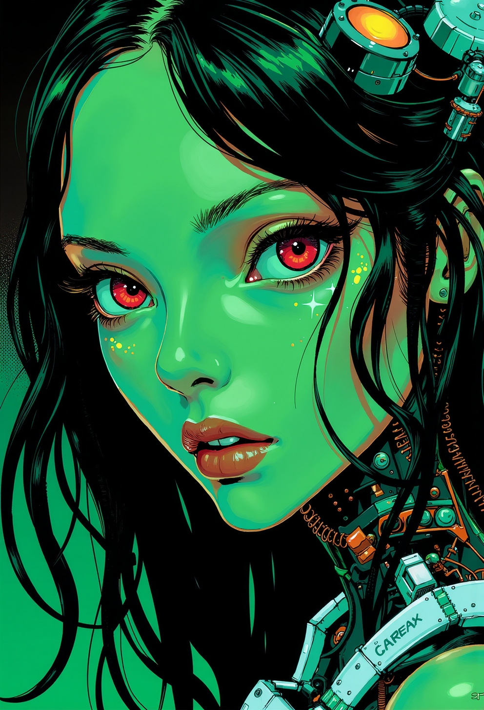<lora:ck-Goro-Fujita:1>, digital artwork in the style of ckgf, A mesmerizing close-up portrait of an alien woman, her striking features blending extraterrestrial elegance with subtle mechanical elements. Her skin has a smooth, otherworldly texture, adorned with small, organic patterns. Her long, wavy hair cascades around her face, but in the Gameboy-style palette of green, white, and black. Mechanical elements are seamlessly integrated into her face and neck—sharp, angular pieces emerge like delicate circuitry. The chiaroscuro-inspired lighting brings deep contrast, with bold shadows enhancing her alien beauty. The background features a cyberpunk workshop, and the limited palette emphasize the alien and mechanical features, while a soft green glow outlines parts of her face and hair, creating a futuristic yet nostalgic visual reminiscent of early handheld gaming
<lora:ck-nc-pastel-cyberpunk:0.3>
<lora:Blue_Future:0.2>
<lora:ck-MetalGearSolid:0.35>