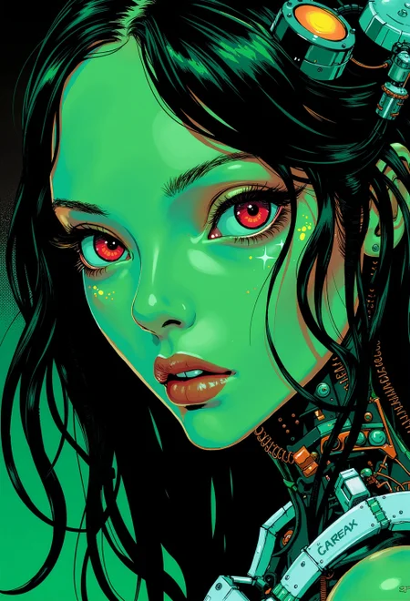 <lora:ck-Goro-Fujita:1>, digital artwork in the style of ckgf, A mesmerizing close-up portrait of an alien woman, her striking features blending extraterrestrial elegance with subtle mechanical elements. Her skin has a smooth, otherworldly texture, adorned with small, organic patterns. Her long, wavy hair cascades around her face, but in the Gameboy-style palette of green, white, and black. Mechanical elements are seamlessly integrated into her face and neck—sharp, angular pieces emerge like delicate circuitry. The chiaroscuro-inspired lighting brings deep contrast, with bold shadows enhancing her alien beauty. The background features a cyberpunk workshop, and the limited palette emphasize the alien and mechanical features, while a soft green glow outlines parts of her face and hair, creating a futuristic yet nostalgic visual reminiscent of early handheld gaming
<lora:ck-nc-pastel-cyberpunk:0.3>
<lora:Blue_Future:0.2>
<lora:ck-MetalGearSolid:0.35>