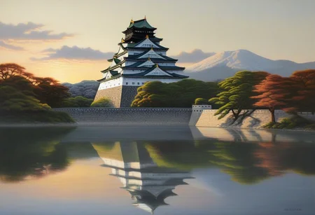 masterpiece, photorealistic, landscape,WhiteMold Osaka Castle, rising sun