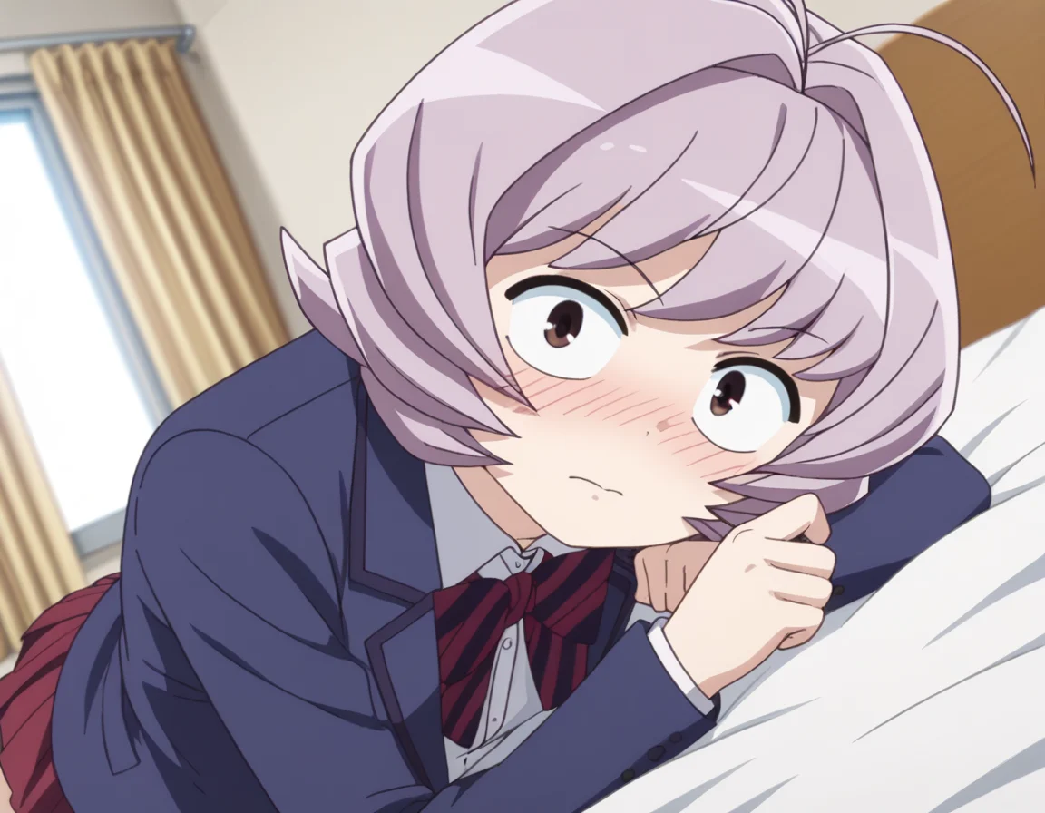 score_9, score_8_up, score_7_up, source_anime,
najimiosana, <lora:najimi-osana-s1s2-ponyxl-lora-nochekaiser:1>,
najimi osana, short hair, brown eyes, purple hair, hair intakes, antenna hair,
skirt, shirt, long sleeves, bow, school uniform, jacket, white shirt, pleated skirt, striped, collared shirt, bowtie, red skirt, blazer, blue jacket, striped bow, striped bowtie,
indoors, bed, bed room, on side, blush, drunk,
looking at viewer, cowboy shot, dutch angle, solo,
