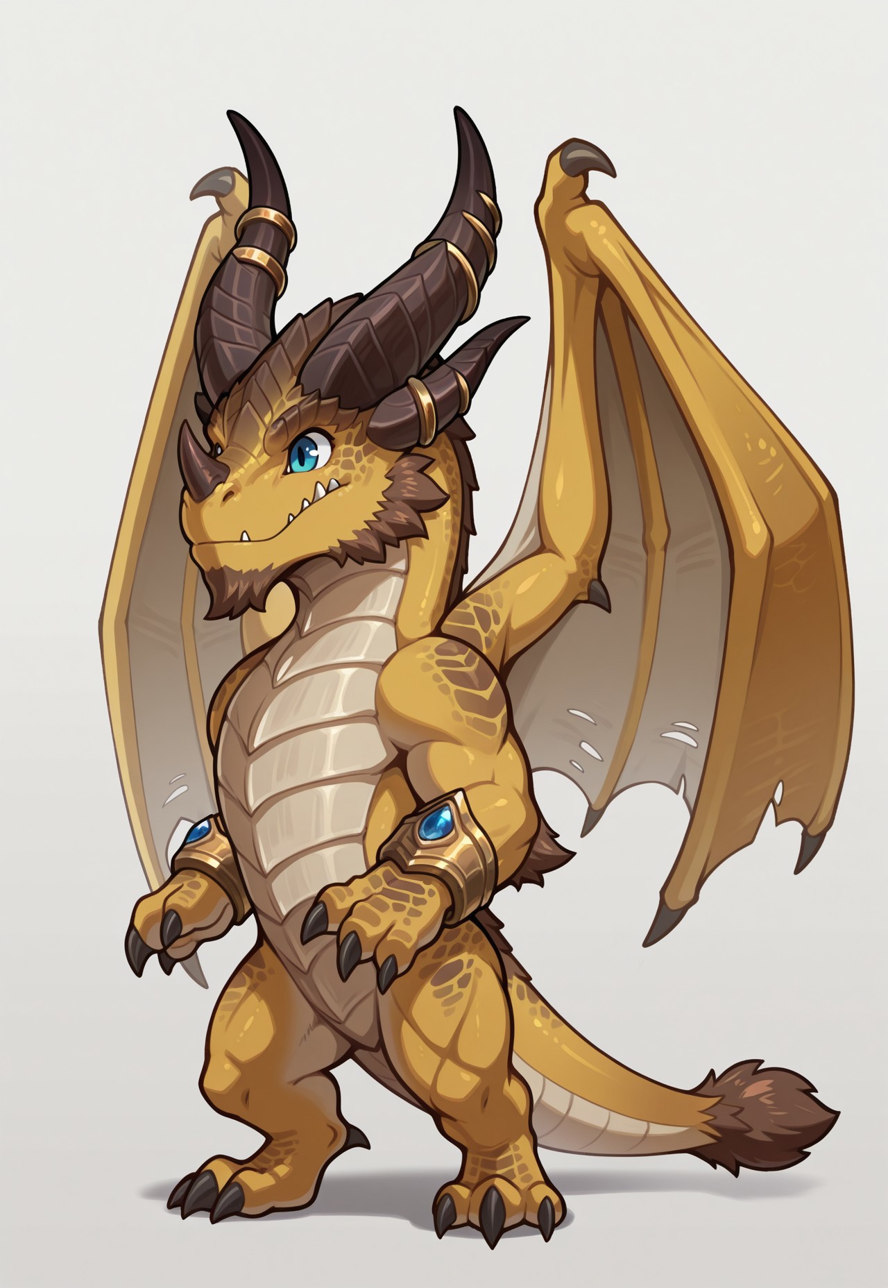 masterpiece,best quality,amazing quality, nozdormu, dragon, white background, claws, simple background, (solo:1.2), full body, fangs, chibi, (standing), (horn ring:1.2), nose, Dragon nose, posing, (bara:0.5), wings 