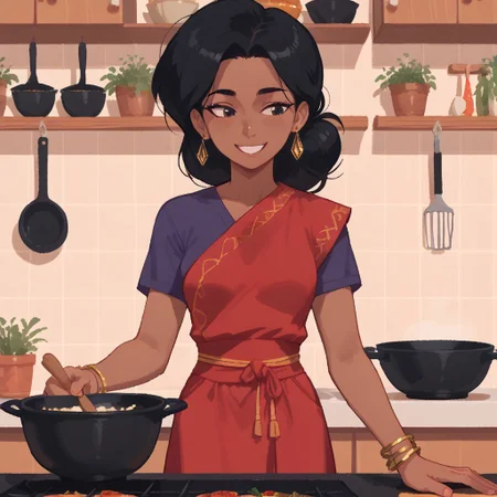 score_9, score_8, score_7, break, venba, dark-skinned female, earrings, black hair, bindi, bracelet, short sleeves, purple shirt, red sash, skirt, kitchen, cooking, smile