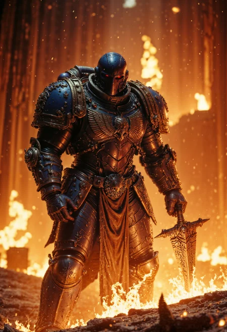 hkevil, movie portrait, FredFraiStyle, A valiant UltraM40k space marine holding a giant sword, his armored frame and helmet bathed in the fiery glow of his blazing giant sword. The film grain enhances the gritty, cinematic feel of the scene. His gleaming armor reflects the intense flames, highlighting his imposing stature and heroic demeanor. This high-quality still captures the dynamic energy of an epic battle, with every detail meticulously preserved to immerse viewers in the thrilling action. <lora:FluxUltraM40k:0.9> <lora:FredFraiStyle-FLUX-Share:0.5> <lora:Movie_Portrait:0.8> <lora:BeautyInEvilFlux:0.7> <lora:m100-flux:0.4> <lora:c41_hasselblad_portra400_FLUX:0.4> <lora:Sinfully_Stylish_.02_for_FLUX:0.6>