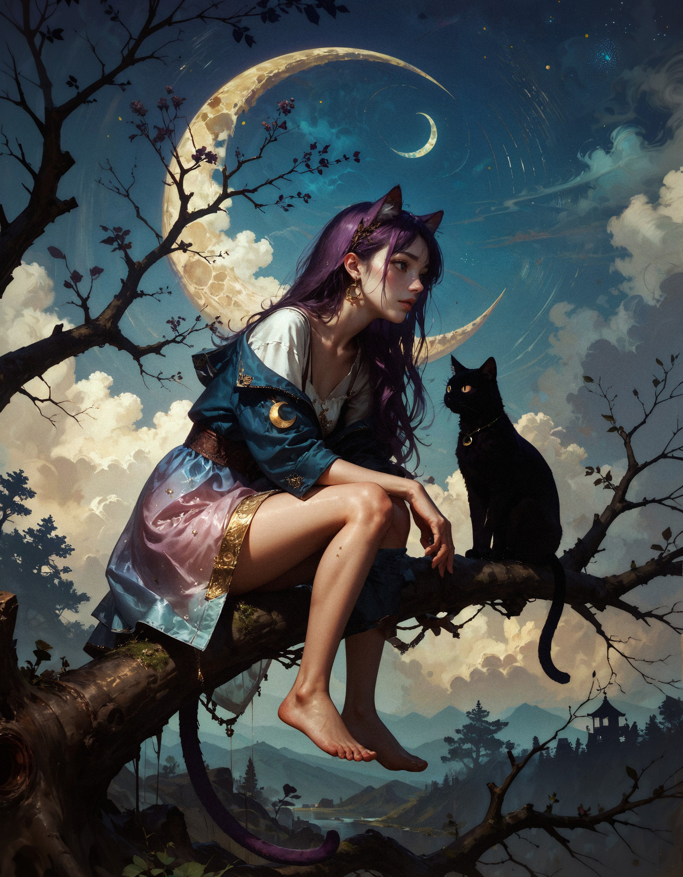 score_9, score_8_up, score_7_up, score_6_up, score_5_up, score_4_up,  realistic, detailed background, masterpiece, best quality, 1girl, mixed Korean, Kpop idol, Surreal night scene, silhouette of a cat girl sitting on a tree branch, crescent moon in the sky, purple hues, starry night, dreamlike atmosphere, glowing edges, mystical, high contrast, ethereal light, detailed textures, whimsical