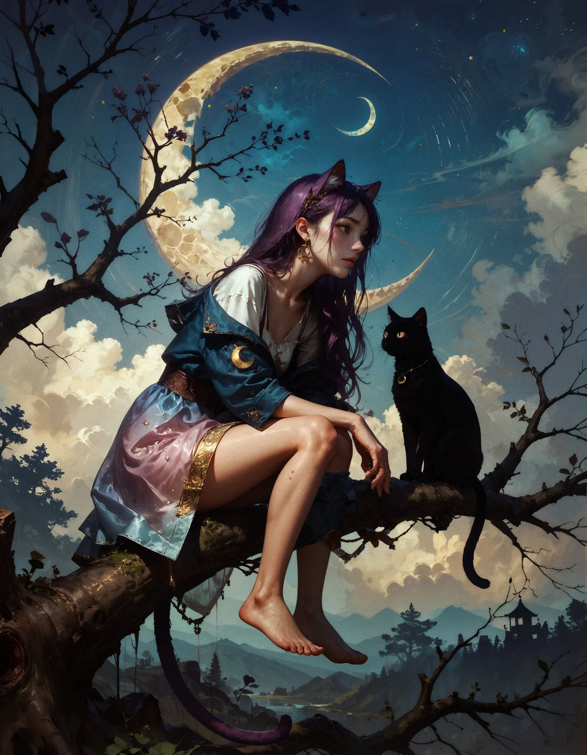 score_9, score_8_up, score_7_up, score_6_up, score_5_up, score_4_up,  realistic, detailed background, masterpiece, best quality, 1girl, mixed Korean, Kpop idol, Surreal night scene, silhouette of a cat girl sitting on a tree branch, crescent moon in the sky, purple hues, starry night, dreamlike atmosphere, glowing edges, mystical, high contrast, ethereal light, detailed textures, whimsical