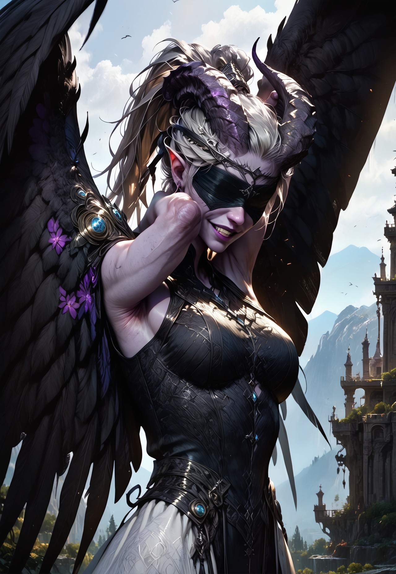 (absurdres, best quality, masterpiece:1.4), 
score_9, score_8_up, score_7_up, score_6_up, 
detailed, 
detailed body, 
detailed face, 
fantasy, 

female, 
tiefling, 
h0rns, 
ram horns, 
black horns, 
tall, 
((((purple skin)))), 
((long grey hair, ponytail)), 
(((wingsd, black wings))),

stretching, 
soft smile,

(white robe, sleeveless, 
blindfold, black cloth blindfold), 

depth of field, 
outdoors, 
mountain temple, 
upper body