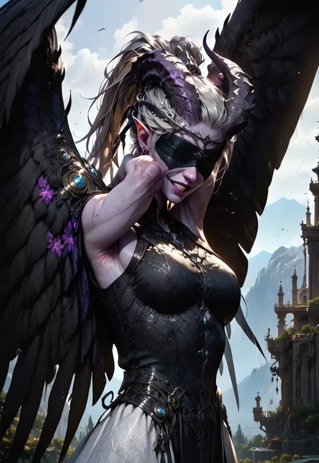 (absurdres, best quality, masterpiece:1.4), 
score_9, score_8_up, score_7_up, score_6_up, 
detailed, 
detailed body, 
detailed face, 
fantasy, 

female, 
tiefling, 
h0rns, 
ram horns, 
black horns, 
tall, 
((((purple skin)))), 
((long grey hair, ponytail)), 
(((wingsd, black wings))),

stretching, 
soft smile,

(white robe, sleeveless, 
blindfold, black cloth blindfold), 

depth of field, 
outdoors, 
mountain temple, 
upper body