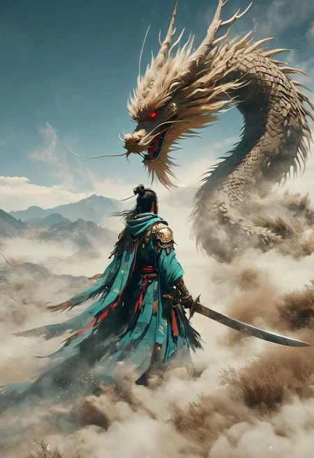 minimalism style, WLOP art style, a character worrior Dragon Subduing 18 Palms, facial muscles,  eye light,  cinematic foootage,  fantasy, intricate details,8k post production,dark red gold tone blue white green