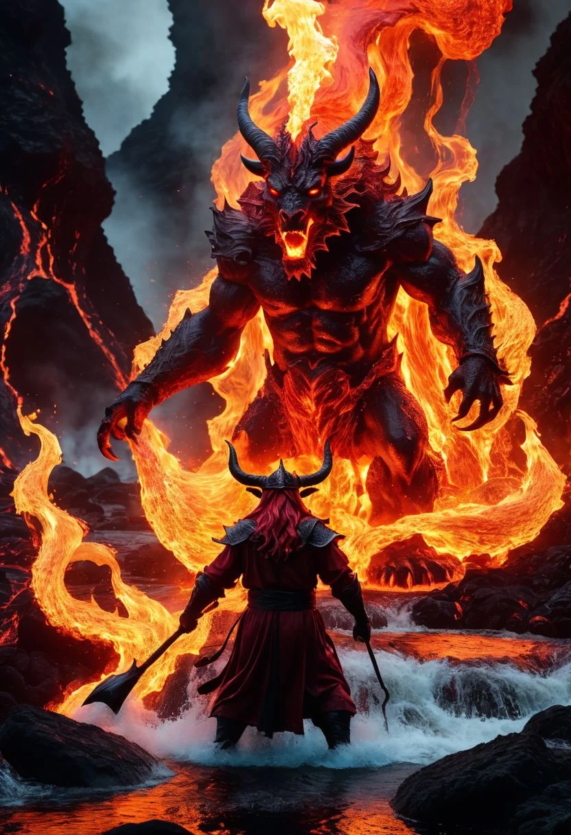 ferrous red fire breathing, ghoulish, ghastly horned elemental in a hellish fiery lava filled environment. decimating everything in rage all around it. also in the foreground A single wizard figure is using magic and water spells to manipulate water to shield himself and extinguish fires and battle the beast. detailed, 4k, sharp, 200mm lens, OverallDetailXL