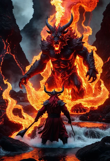 ferrous red fire breathing, ghoulish, ghastly horned elemental in a hellish fiery lava filled environment. decimating everything in rage all around it. also in the foreground A single wizard figure is using magic and water spells to manipulate water to shield himself and extinguish fires and battle the beast. detailed, 4k, sharp, 200mm lens, OverallDetailXL