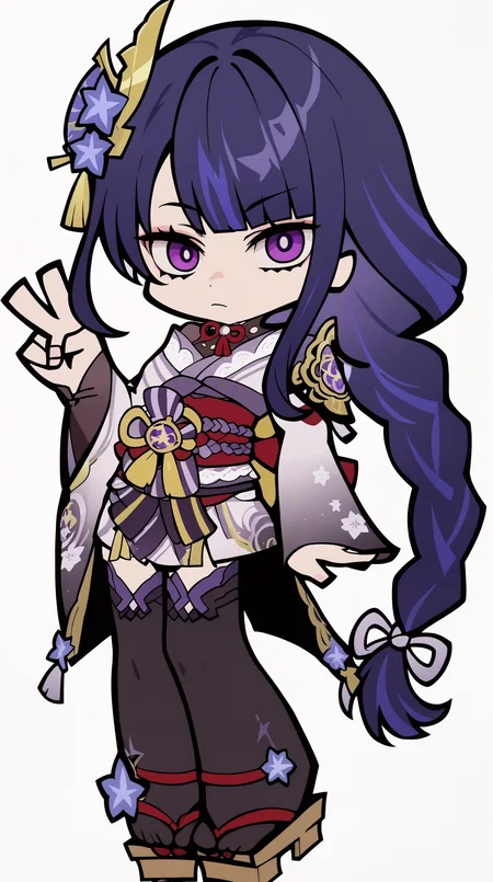 score_9, score_8_up, score_7_up,anime_source, source_anime, best background, detailed background, anime screencap,simple background, white background, zzzemoji, 1girl, chibi, pose, v sign, long hair, braid, japanese clothes, solo, sash, purple eyes, purple hair, obi, single braid, bangs, simple background, looking at viewer, hair ornament, sidelocks, thighhighs, white background, shoulder armor, full body, wide sleeves, standing, kimono, blunt bangs, mole under eye, low ponytail, mole, long sleeves <lora:ZZZ_Emoji_style_PONY:1>