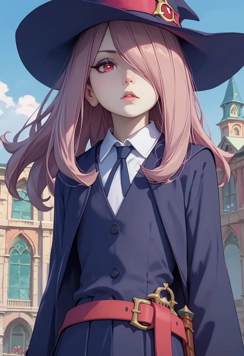 score_9, score_8_up, score_7_up, sucy, 1girl, pale skin, red eyes, hair over one eye, long hair, pink hair, witch, luna nova school uniform, school uniform, belt.