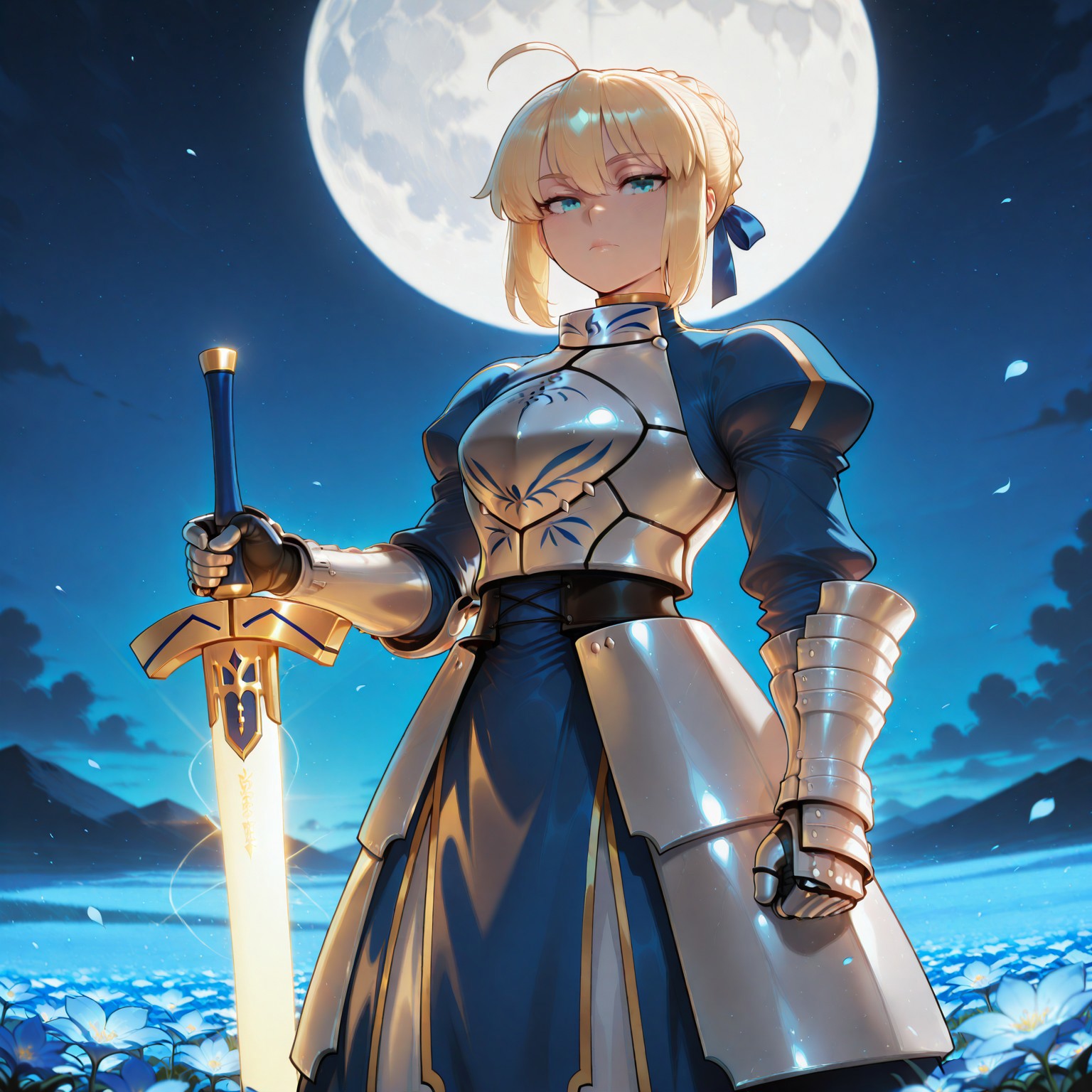 1girl, solo, artoria pendragon \(fate\), blonde hair, moon, armor, weapon, gauntlets, ahoge, armored dress, full moon, flower, sword, night, dress, petals, looking at viewer, blue eyes, ribbon, blue flower, sky, braid, planted, blue ribbon, blue dress, planted sword, hair ribbon, standing, excalibur \(fate/stay night\), holding weapon, glowing, holding, night sky, puffy sleeves, outdoors, huge moon, breastplate, closed mouth, hair bun, hair between eyes, short hair, field, holding sword, faulds, glowing sword, fate \(series\)
masterpiece,best quality,amazing quality, very_high_resolution,very awa,absurdres,extremely detailed, newest, sharp focus, perfect light, dynamic light, natural light, (heavy lines, black outline), ((intricate details)), ((extremely detailed, finely detailed, beautiful detailed shading)), (beautiful, beautiful amazing, ultra-detailed, 8K, vibrant colors), [high saturation], beautiful scenery, highres, score_9, score_8, score_7, source_anime, perfect_anatomy, anatomically_correct_body, detailed body, year2024, year2023, (nyantcha:0.5), flooxyfloox, (detailed background), 