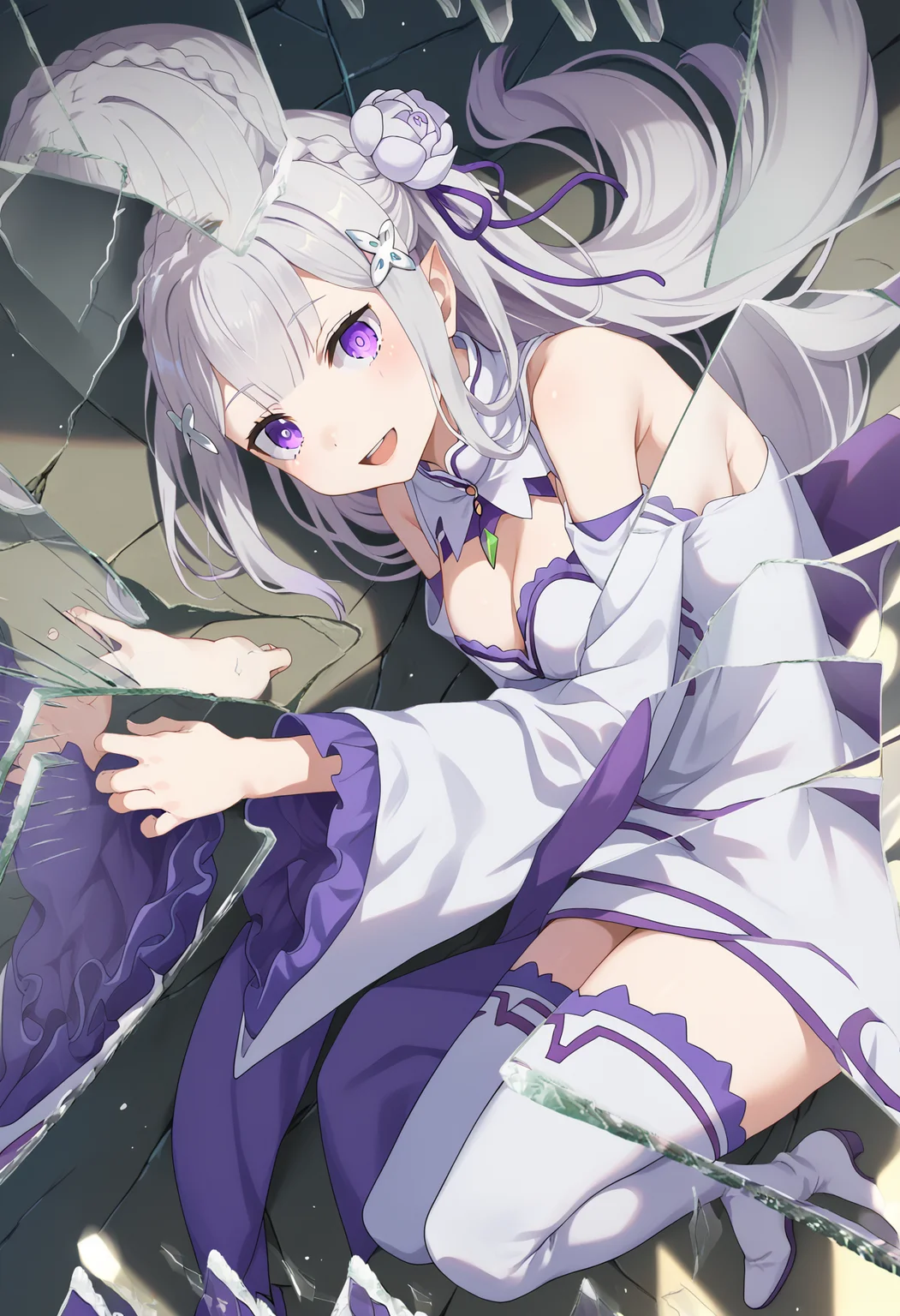 score_9, score_8_up, score_7_up, source_anime,
BREAK
1girl, solo,
<lora:shiEmiliaV2:1> shimilia, long hair, grey hair, purple eyes, pointy ears, crown braid, hair flower, hair ribbon, purple ribbon, x hair ornament, white dress, cleavage, bare shoulders, wide sleeves, white thighhighs, thigh boots,
<lora:shiMirrorGlassV1:1>, shibroglass, broken glass, glass shards, 
looking at viewer, open mouth, smile, full body, lying, on side,