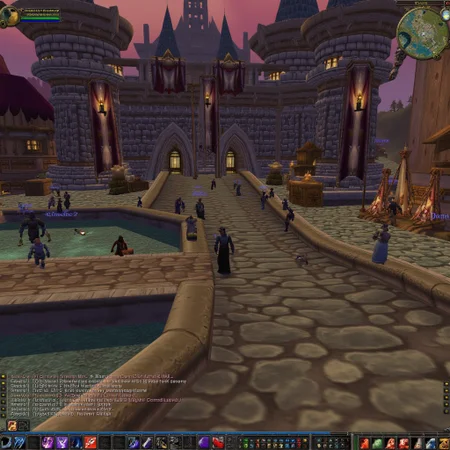 a world of warcraft fake screenshot, with user interface visible. Stormwind city castle and stone city grounds, on a spring day at noon. Lots of people walking around and merchants selling their wares. people fishing in the canals with bums drunk and telling stories while sitting on the pier. the walls of the city are stone and with wood doors. The city is alive with culture and festivities, with young and old people alike. The chat text box in the bottom center reads with text:"SERVER: Rebooting in 5 minutes...", the character name at the top left reads "Tigole", the right top of the image reads "Stormwind city". The minimap at the top right is a 2D overhead view of the area depicted in the 3d portion of the image.