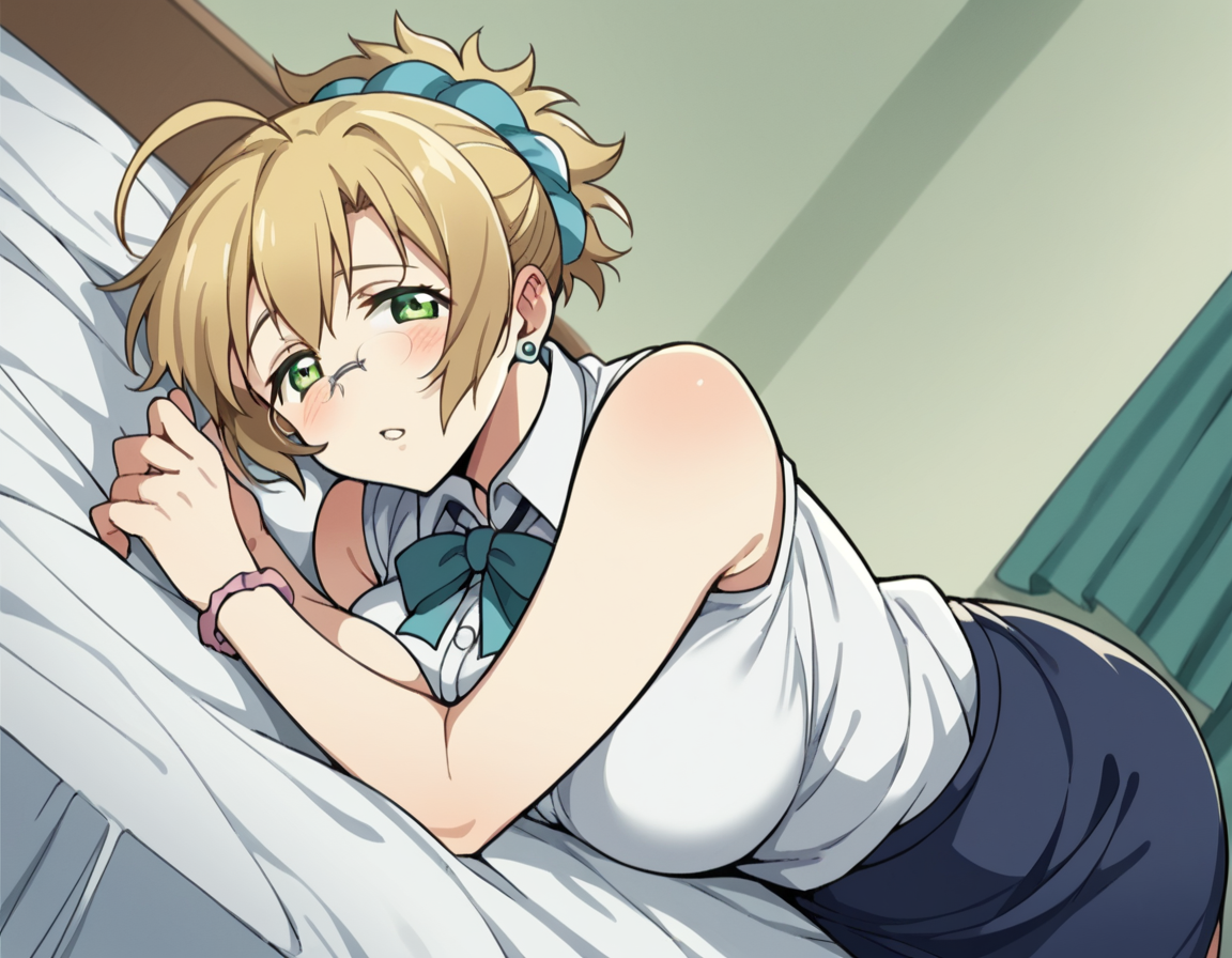 score_9, score_8_up, score_7_up, source_anime, misakisensei, <lora:misaki-sensei-ova-ponyxl-lora-nochekaiser:1>, misaki, blonde hair, large breasts, green eyes, glasses, ahoge, short hair, scrunchie, hair scrunchie,, skirt, jewelry, earrings, teacher, skirt, sleeveless, collared shirt, frilled center, frills, ribbon, white shirt,, indoors, bed, bed room, on side, blush, drunk, looking at viewer, solo, cowboy shot, dutch angle