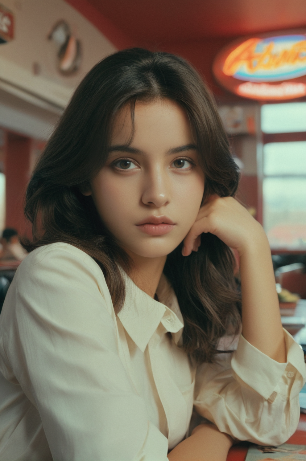 beautiful 18-year-old student girl with alluring eyes in diner, cute pose, fatima model, cinematic shot in the style of denis villeneuve, (looking at viewer), masterpiece