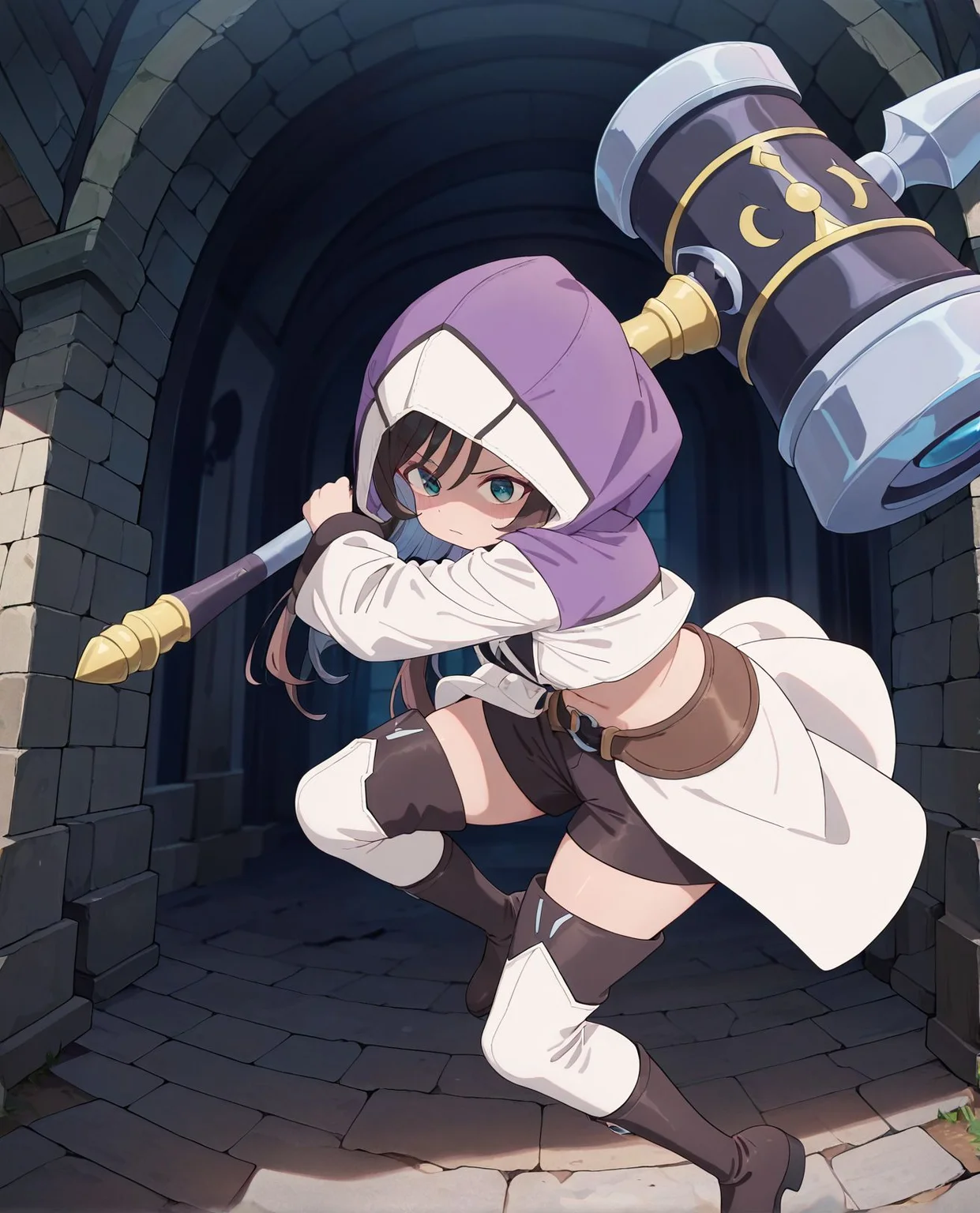 masterpiece,best quality,amazing quality,very aesthetic,absurdres,newest, huge filesize,
<lora:spo_sdxl_10ep_4k-data_lora_webui:0.5>,anime coloring, anime screenshot, flat color,
<lora:add-detail-xl:1>
<lora:girumasu:1>girumasuV1,
g_alina,
1girl,solo,thighhighs,
hammer,midriff,
boots,white knee boots,
weapon, rabit hood,Dungeons, incoming attack,