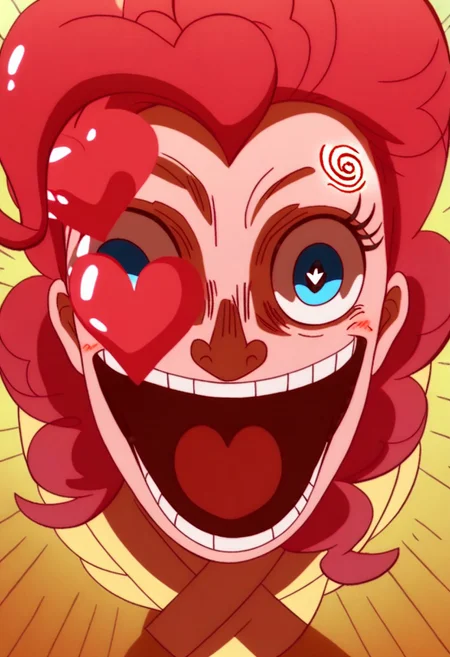 score_9, score_8_up, score_7_up, BREAK, my little pony, Pinkie Pie, a pink earth pony with blue eyes, outdoors, daylight, insanity-angle, expressionless face, show accurate, SanijSimpface, heart shaped eyes, eye-pop-out, popping eyes, eye popping out, tonque out,