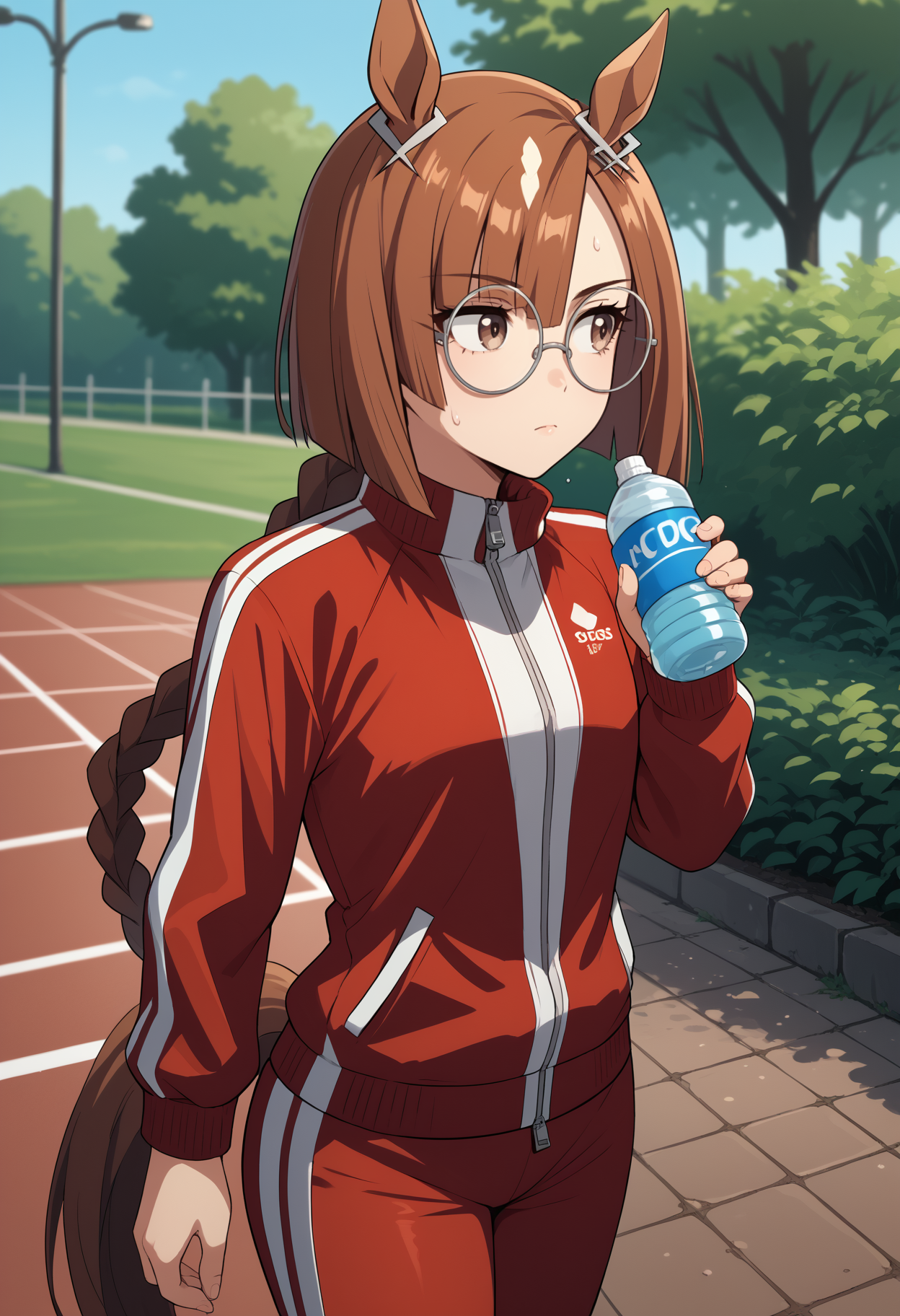 score_9, score_8_up, score_7_up, source_anime, <break> solo, 1girl, ikuno dictus, horse tail, sweat, expressionless, looking away, standing, holding water bottle, long hair, multicolored hair, brown hair, asymmetrical bangs, braided ponytail, single braid, animal ears, ear ornament, brown eyes, glasses, round eyewear, track suit, red jacket, track jacket, red pants, outdoors, park
<segment:yolo-face_yolov8m.pt,0.4,0.5//cid=1>