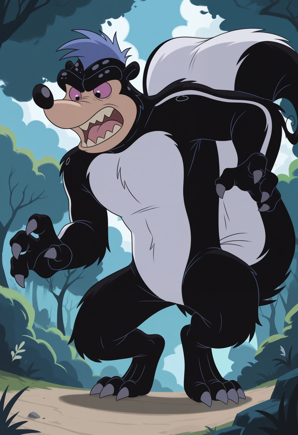 masterpiece,best quality,amazing quality, 1boy, solo, skunkJP, skunk monster, multicolored fur, purple hair, colored sclera, black eyes, full body, outside,