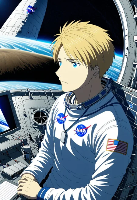 high resolution, solo, best quality, 1Boy, Yamato Ishida, Blond Hair, Blue Eyes, Necklace, documentary, Rocket Engineer, Nasa, OverallDetail