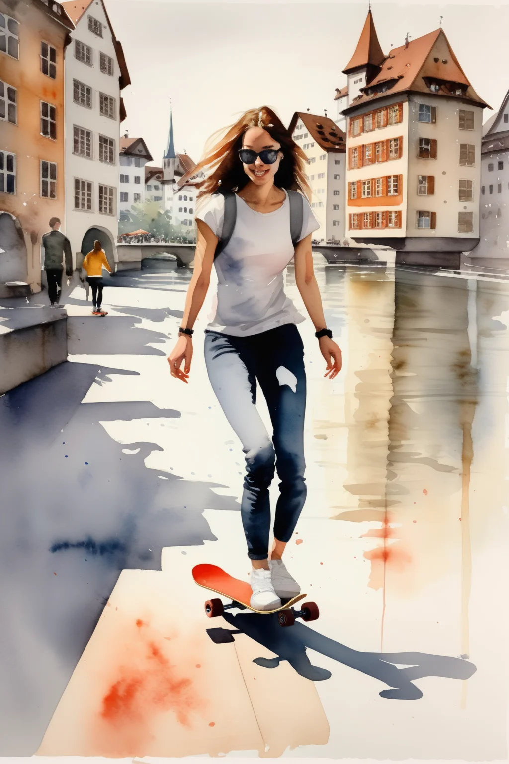 <lora:Thomas Schaller Style:1>Thomas Schaller Style - watercolor painting in Zurich Switzerland of woman riding a skateboard