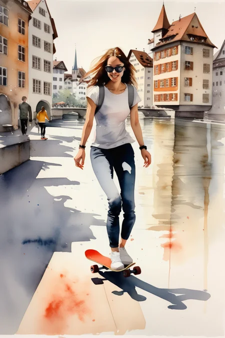 <lora:Thomas Schaller Style:1>Thomas Schaller Style - watercolor painting in Zurich Switzerland of woman riding a skateboard