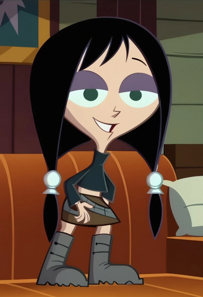 score_9, score_8_up, score_7_up BREAK MansonM, 1girl, black hair, dark green eyes, purple eyeshadow, white scrunchies, pigtails, dark blue sweater, metal belt, brown skirt, gray boots, closed smile, relaxed, dark creepy mansion indoors, scary house background, screenshot, official art, parody, cartoon footage, official design, screencap, cartoon screenshot, official screenshot, 2d, cartoon, source_cartoon, full body,