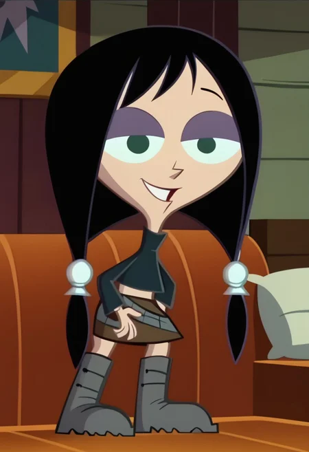 score_9, score_8_up, score_7_up BREAK MansonM, 1girl, black hair, dark green eyes, purple eyeshadow, white scrunchies, pigtails, dark blue sweater, metal belt, brown skirt, gray boots, closed smile, relaxed, dark creepy mansion indoors, scary house background, screenshot, official art, parody, cartoon footage, official design, screencap, cartoon screenshot, official screenshot, 2d, cartoon, source_cartoon, full body,