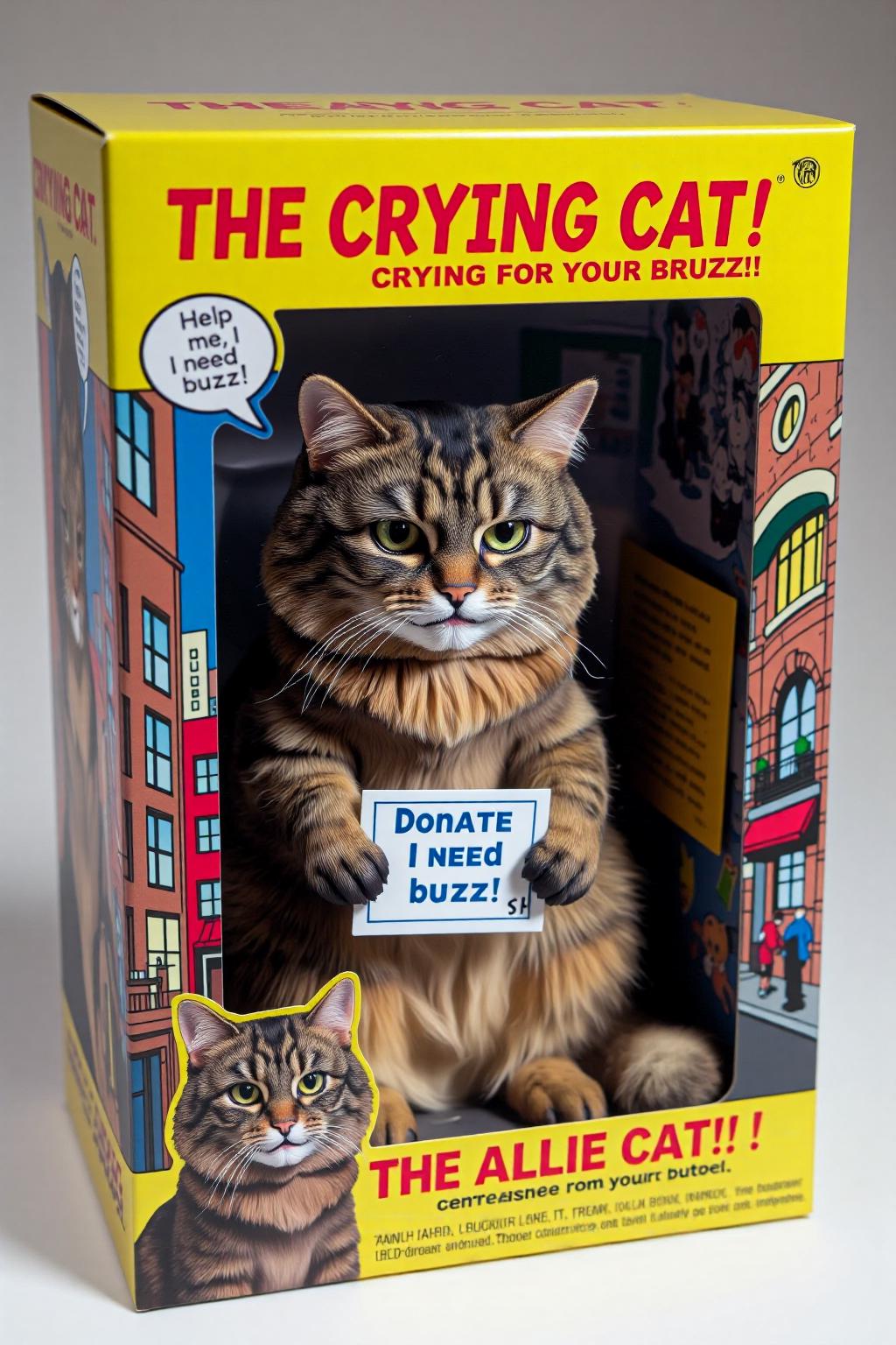 The image is a photograph of a boxed action figure from the "Allie" line, featuring a character named "The Allie Cat,". The box features a detailed display of a sad-looking fluffy, medium-sized cat named Allie with a mottled coat featuring dark brown and black tabby stripes, with teary eyes, holding a small sign that reads "Donate Buzz." The figure is posed sitting down with a pitiful expression, tears sculpted on its face, and a droopy posture. The packaging is brightly colored, with cartoonish illustrations of the crying cat on the sides and a speech bubble on the front that says, "Help me, I need buzz!" The background inside the package shows a city alley, emphasizing the cat's plight. The title "The Crying Cat" is written in bold, playful letters at the top, with the tagline "Crying for your buzz!" <lora:Allie_-_My_Cat_FLUX-000015:0.9> <lora:Action_Figurator_F1D-000015:0.8> <lora:schnell_v1.0:1.0><lora:791010969070573078:0>