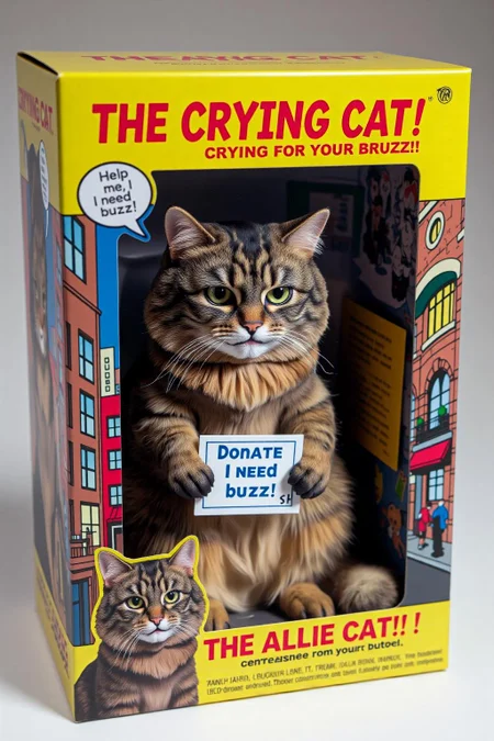 The image is a photograph of a boxed action figure from the "Allie" line, featuring a character named "The Allie Cat,". The box features a detailed display of a sad-looking fluffy, medium-sized cat named Allie with a mottled coat featuring dark brown and black tabby stripes, with teary eyes, holding a small sign that reads "Donate Buzz." The figure is posed sitting down with a pitiful expression, tears sculpted on its face, and a droopy posture. The packaging is brightly colored, with cartoonish illustrations of the crying cat on the sides and a speech bubble on the front that says, "Help me, I need buzz!" The background inside the package shows a city alley, emphasizing the cat's plight. The title "The Crying Cat" is written in bold, playful letters at the top, with the tagline "Crying for your buzz!" <lora:Allie_-_My_Cat_FLUX-000015:0.9> <lora:Action_Figurator_F1D-000015:0.8> <lora:schnell_v1.0:1.0><lora:791010969070573078:0>