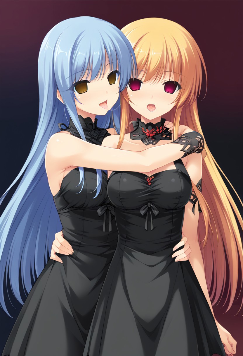 anime, empty eyes, hypnotized, blank stare, expressionless, two girls, adult, close up, long hair, dress, hugging, hug from behind, licking neck, saliva string, arched back, colorful eyes, eye highlight, darkness