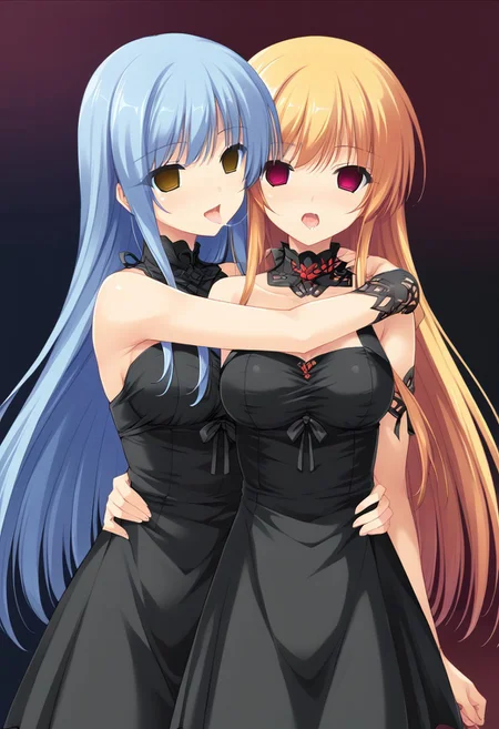 anime, empty eyes, hypnotized, blank stare, expressionless, two girls, adult, close up, long hair, dress, hugging, hug from behind, licking neck, saliva string, arched back, colorful eyes, eye highlight, darkness