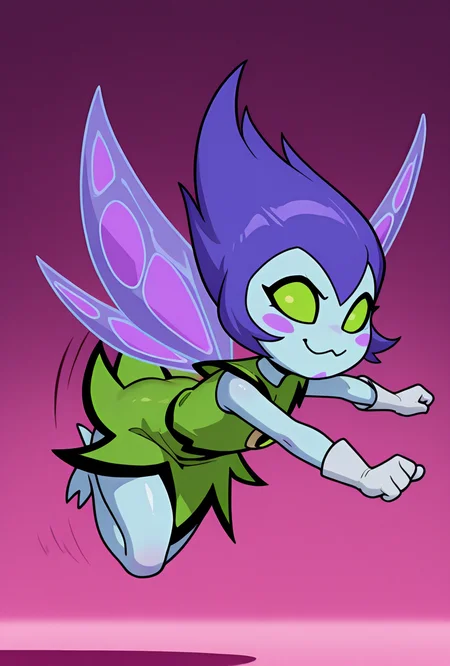 <lora:peskydust-09:1> peskydust, blue skin, fairy wings, blush stickers, 1girl, white gloves, green eyes, green dress, purple hair, dynamic pose, :3,, masterpiece, best quality, amazing quality, very aesthetic, absurdres, newest,